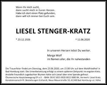 Traueranzeige von Liesel Stenger-Kratz von RMZ