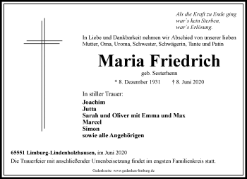 Traueranzeige von Maria Friedrich von RMZ