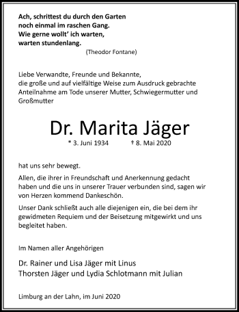 Traueranzeige von Marita Jäger von RMZ