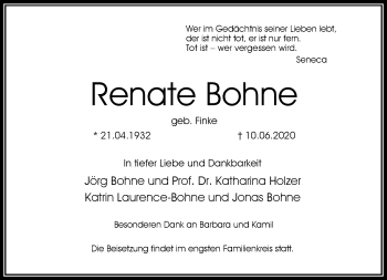 Traueranzeige von Renate Bohne von RMZ