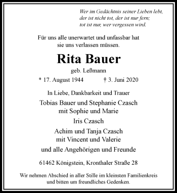 Traueranzeige von Rita Bauer von RMZ