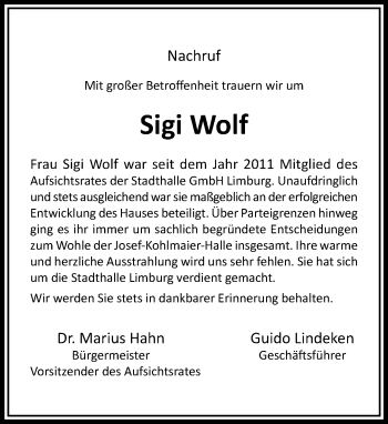Traueranzeige von Sigi Wolf von RMZ