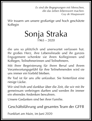 Traueranzeige von Sonja Straka von RMZ