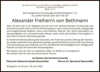 Traueranzeige von Alexander Freiherr von Bethmann von FNP