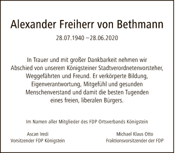 Traueranzeige von Alexander Freiherr von Bethmann von FNP