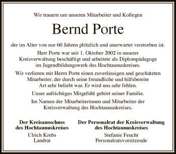 Traueranzeige von Bernd Porte von FNP