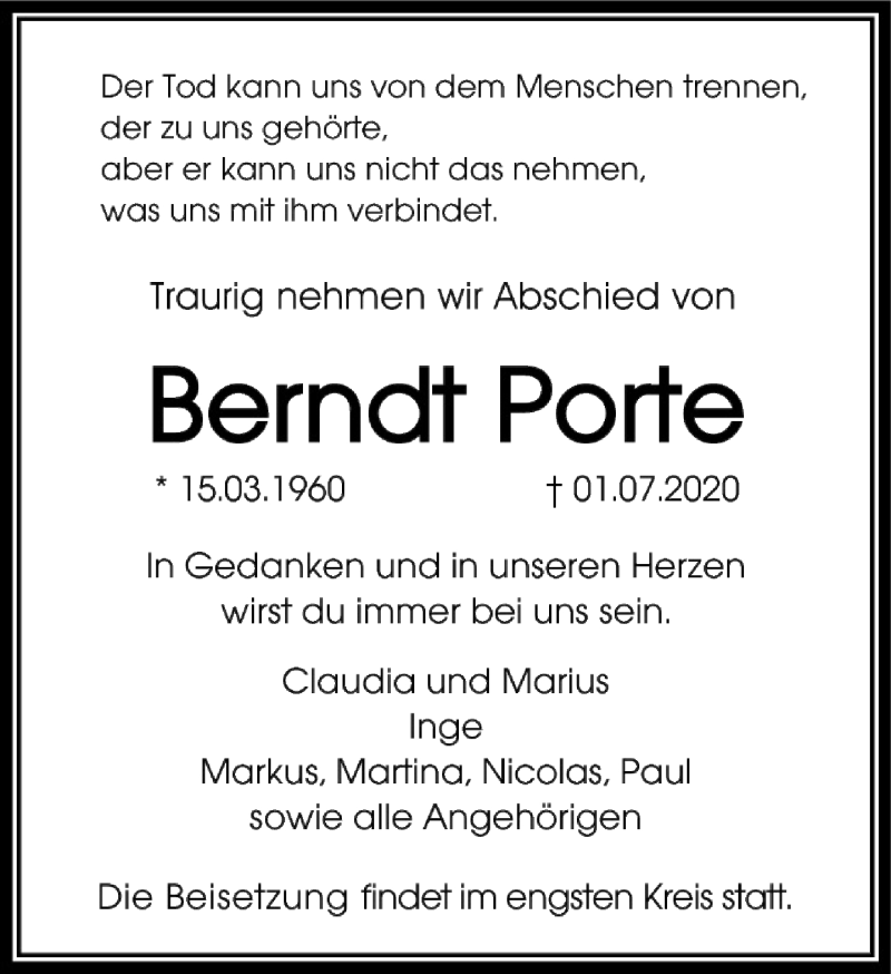  Traueranzeige für Berndt Porte vom 18.07.2020 aus FNP