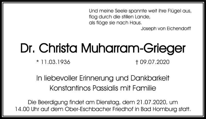  Traueranzeige für Christa Muharram-Grieger vom 18.07.2020 aus FNP
