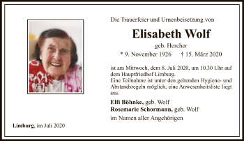 Traueranzeige von Elisabeth Wolf von FNP