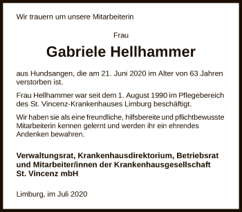 Traueranzeige von Gabriele Hellhammer von FNP