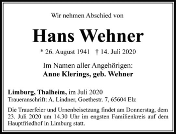 Traueranzeige von Hans Wehner von FNP