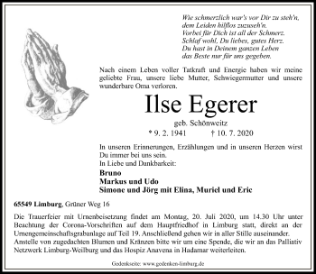 Traueranzeige von Ilse Egerer von FNP