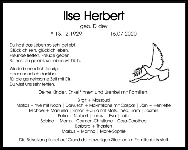  Traueranzeige für Ilse Herbert vom 25.07.2020 aus FNP