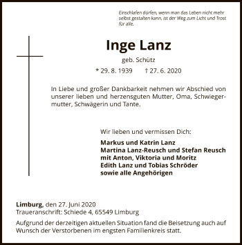 Traueranzeige von Inge Lanz von FNP