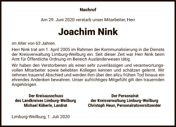 Traueranzeige von Joachim Nink von FNP
