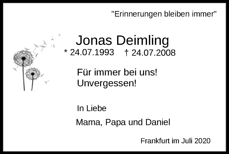  Traueranzeige für Jonas Deimling vom 24.07.2020 aus FNP