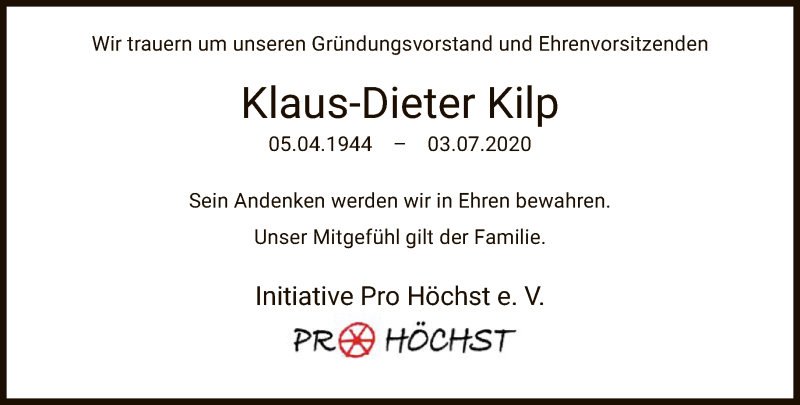  Traueranzeige für Klaus-Dieter Kilp vom 07.07.2020 aus FNP