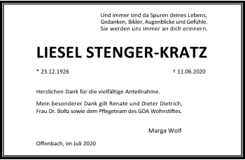 Traueranzeige von Liesel Stenger-Kratz von FNP