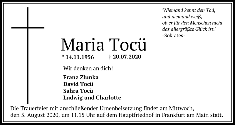  Traueranzeige für Maria Tocü vom 25.07.2020 aus FNP