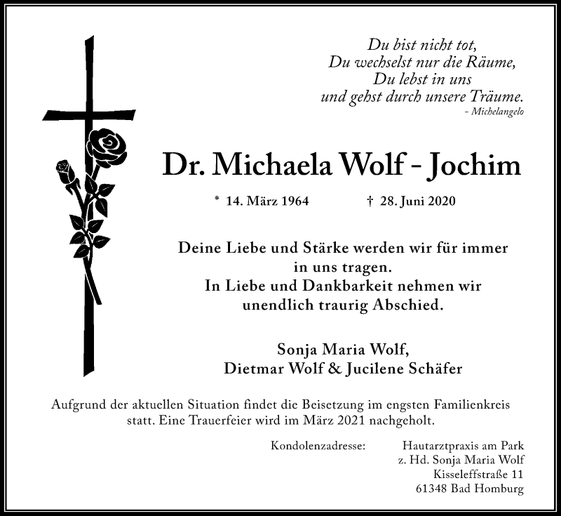  Traueranzeige für Michaela Wolf-Jochim vom 04.07.2020 aus FNP