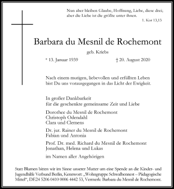 Traueranzeige von Barbara du Mesnil de Rochemont von FNP