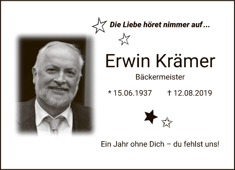  Traueranzeige für Erwin Krämer vom 12.08.2020 aus FNP