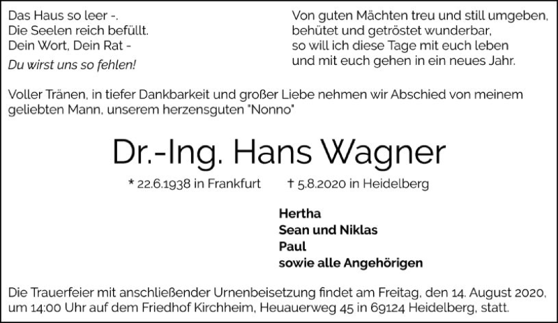  Traueranzeige für Hans Wagner vom 08.08.2020 aus FNP