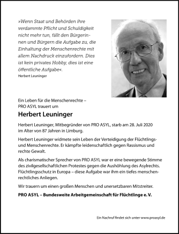 Traueranzeige von Herbert Leuninger von FNP