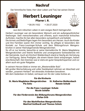 Traueranzeige von Herbert Leuninger von FNP