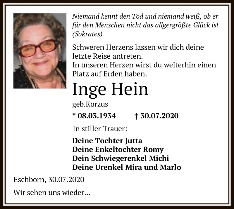  Traueranzeige für Inge Hein vom 01.08.2020 aus FNP
