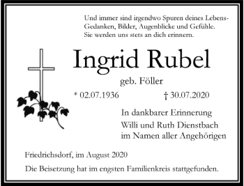 Traueranzeige von Ingrid Rubel von FNP
