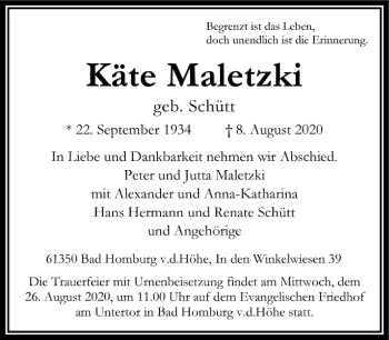 Traueranzeige von Käte Maletzki von FNP
