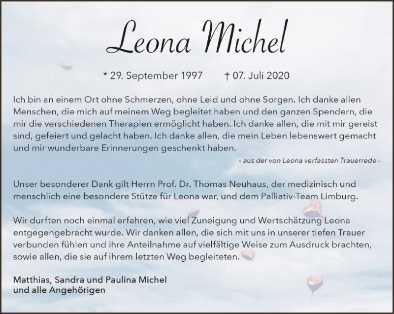  Traueranzeige für Leona Michel vom 15.08.2020 aus FNP