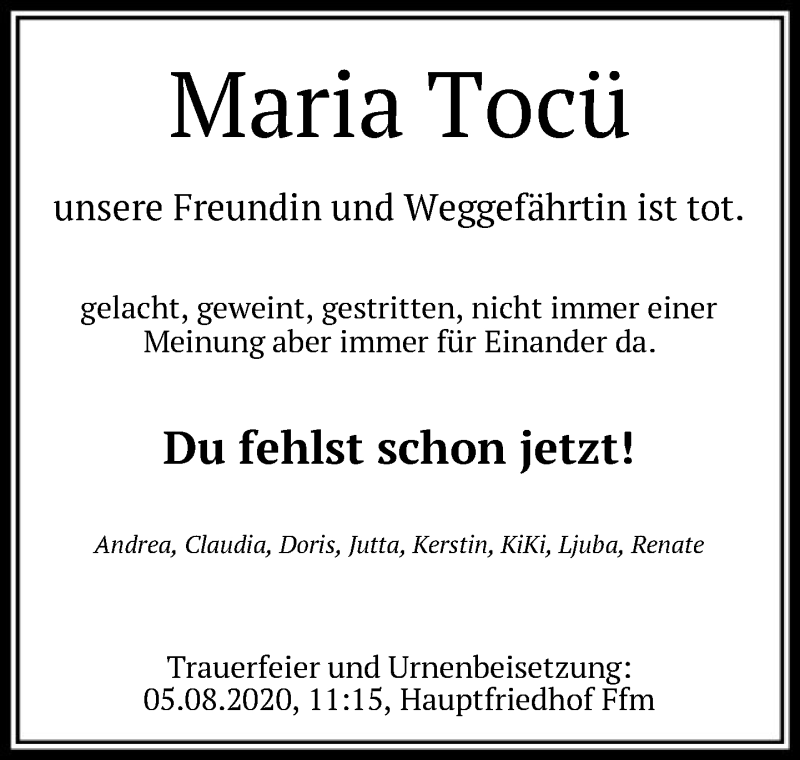  Traueranzeige für Maria Tocü vom 01.08.2020 aus FNP