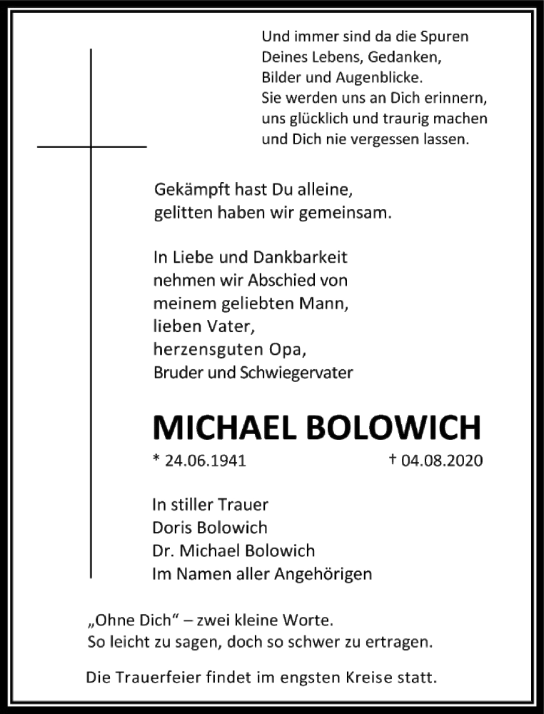  Traueranzeige für Michael Bolowich vom 15.08.2020 aus FNP
