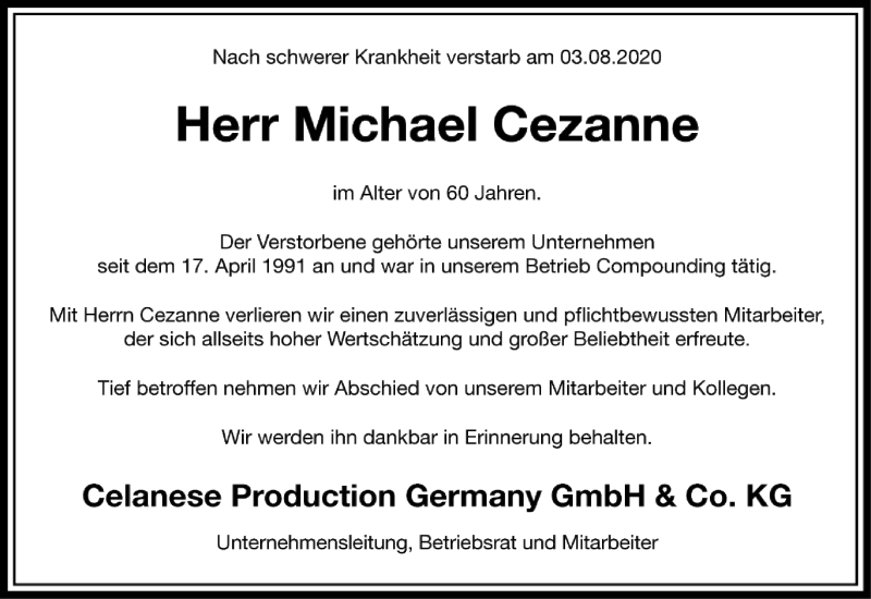  Traueranzeige für Michael Cezanne vom 11.08.2020 aus FNP