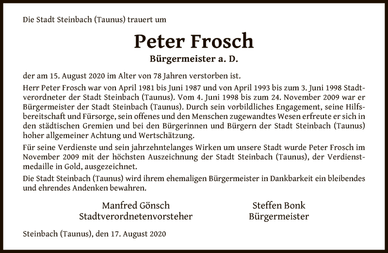  Traueranzeige für Peter Frosch vom 19.08.2020 aus FNP