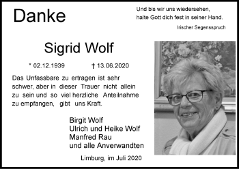 Traueranzeige von Sigrid Wolf von FNP