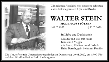 Traueranzeige von Walter Stein von FNP