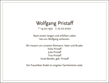Traueranzeige von Wolfgang Pristaff von FNP