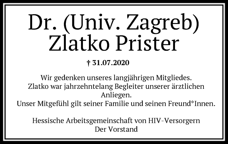  Traueranzeige für Zlatko Prister vom 15.08.2020 aus FNP