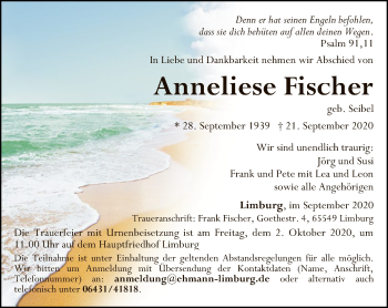 Traueranzeige von Anneliese Fischer von FNP