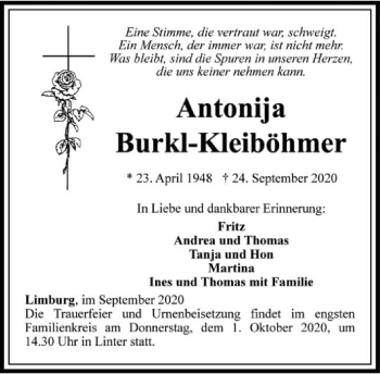 Traueranzeige von Antonija Burkl-Kleiböhmer von FNP