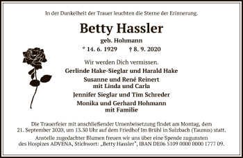 Traueranzeige von Betty Hassler von FNP