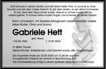 Traueranzeige von Gabriele Hett von FNP