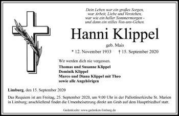 Traueranzeige von Hanni Klippel von FNP