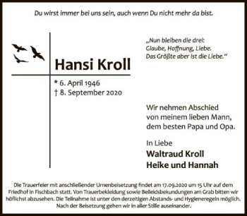 Traueranzeige von Hansi Kroll von FNP