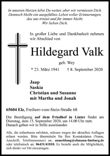 Traueranzeige von Hildegard Valk von FNP