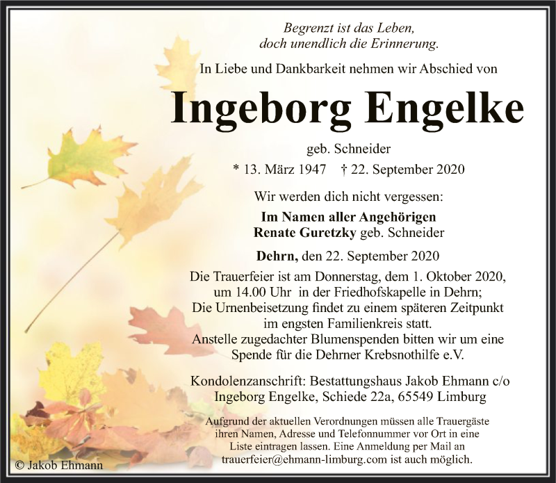  Traueranzeige für Ingeborg Engelke vom 26.09.2020 aus FNP