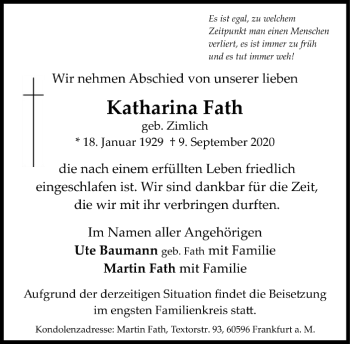 Traueranzeige von Katharina Fath von FNP